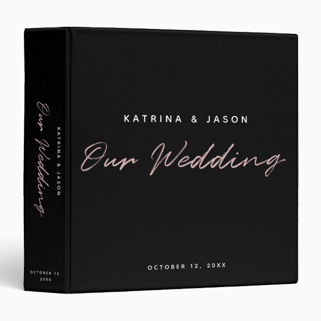 Modern Black Pink Minimalist Script Wedding Album 3 Ring Binder (Front/Spine)