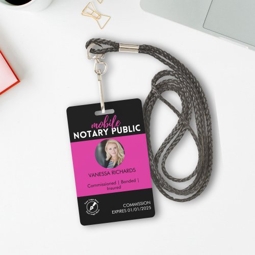 Modern Black Pink Mobile Notary Signing Agent QR  Badge