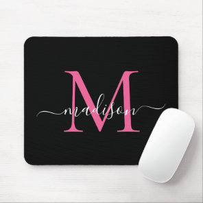 Modern Black Pink Monogram Elegant Girly Script Mouse Pad