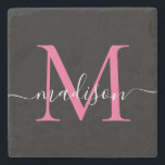 Modern Black Pink Monogram Feminine Script Name Stone Coaster<br><div class="desc">Elegant Black Magenta Hot Pink Monogram Feminine Script Name Stone Coaster</div>