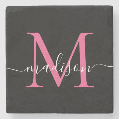 Modern Black Pink Monogram Feminine Script Name Stone Coaster