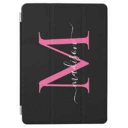 Modern Black Pink Monogram Feminine Stylish Script iPad Air Cover
