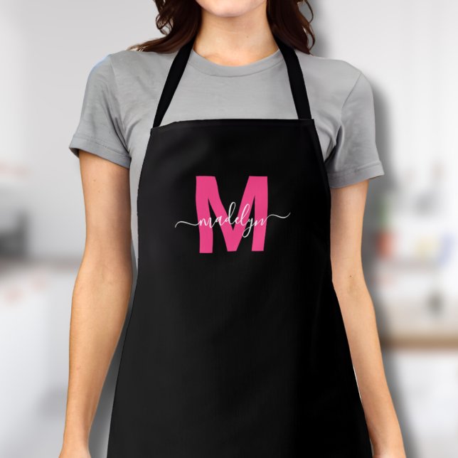Modern Black Pink Monogram Initial Name Apron (Modern Black Pink Monogram Initial Name Apron)