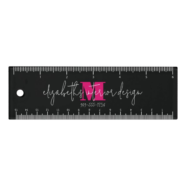 Modern Black Pink Monogram Script Name Black Ruler (Front)