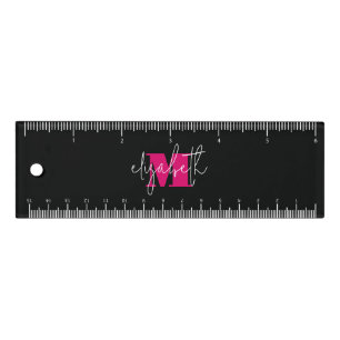 Modern Black Pink Monogram Script Name Black Ruler
