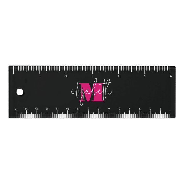 Modern Black Pink Monogram Script Name Black Ruler (Front)