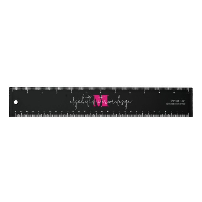 Modern Black Pink Monogram Script Name Black Ruler (Front)