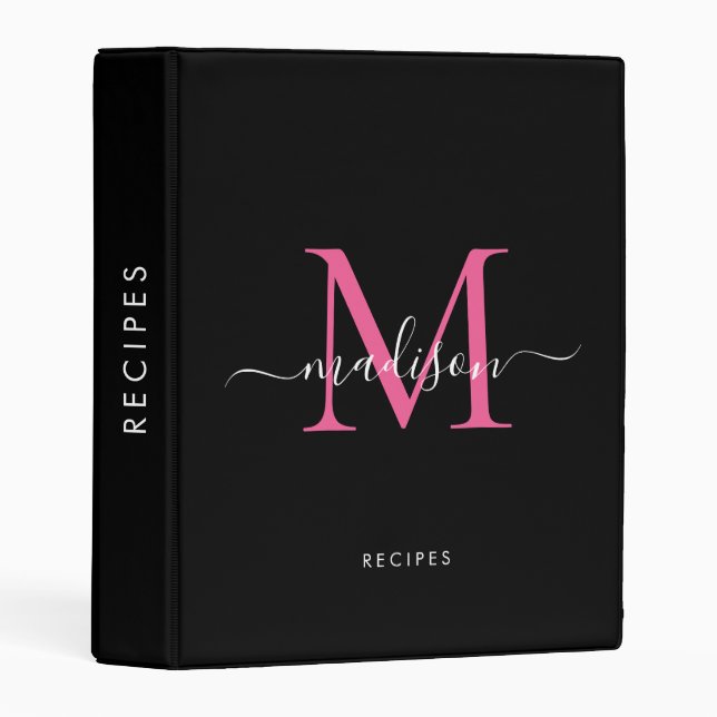 Modern Black Pink Monogram Script Name Initial Mini Binder (Front/Spine)