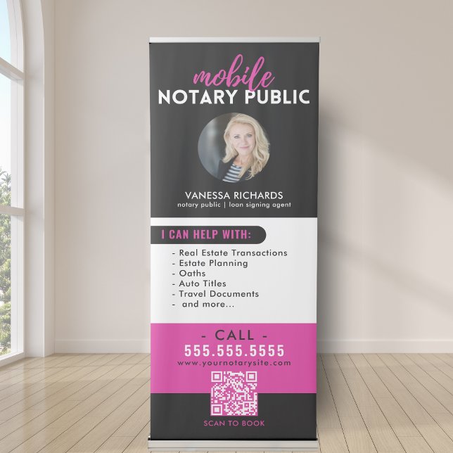 Modern Black & Pink Notary Public QR Code Event  Retractable Banner (Creator Uploaded)