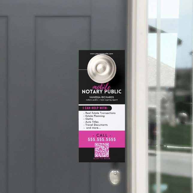 Modern Black & Pink Notary Public QR Marketing Door Hanger (Creator Uploaded)