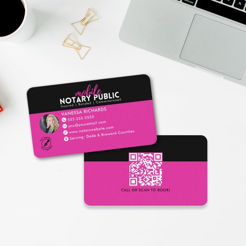 Modern Black Pink Notary Signing business QR Code Business Card