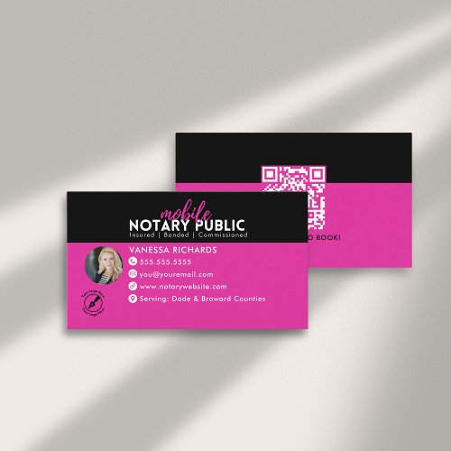 Modern Black Pink Notary Signing business QR Code Business Card