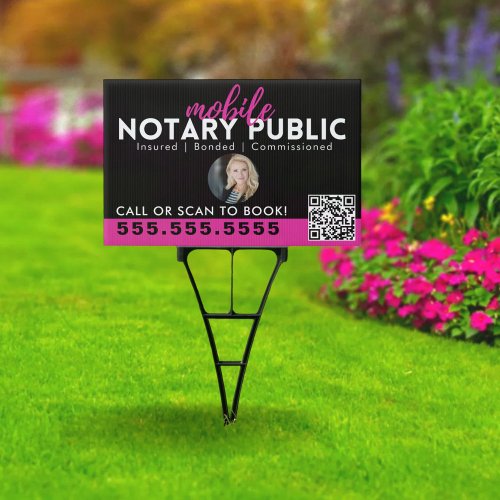 Modern Black Pink Notary Signing Business QR Yard Sign