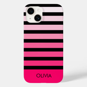 Modern Black Pink Ombre Striped Personalized Name Case-Mate iPhone 14 Case