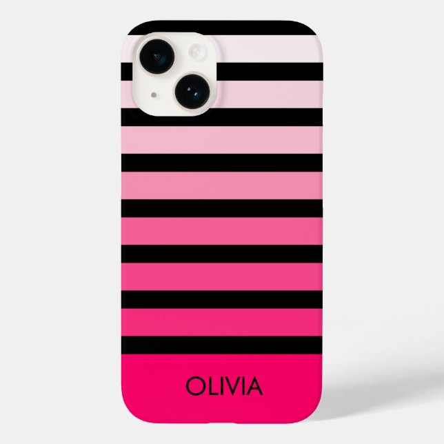 Modern Black Pink Ombre Striped Personalized Name Case-Mate iPhone Case (Back)