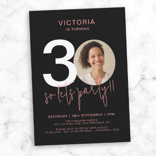 Modern Black Pink Photo 30th Birthday Invitation