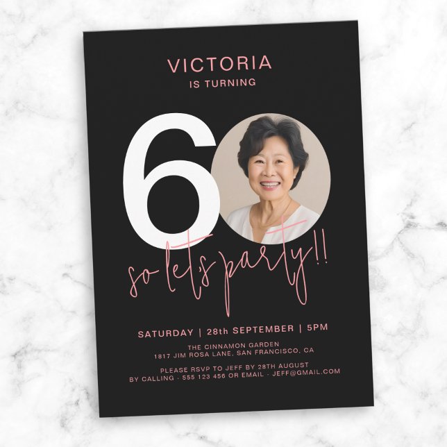Modern Black Pink Photo 60th Birthday  Invitation (Modern Black Pink Photo 60th Birthday Invitation)