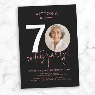 Modern Black Pink Photo 70th Birthday Invitation
