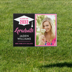 Modern Black Pink PHOTO Graduation Banner Yard Sign