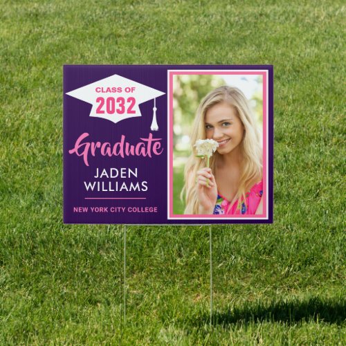 Modern Black Pink PHOTO Graduation Banner Yard Sign