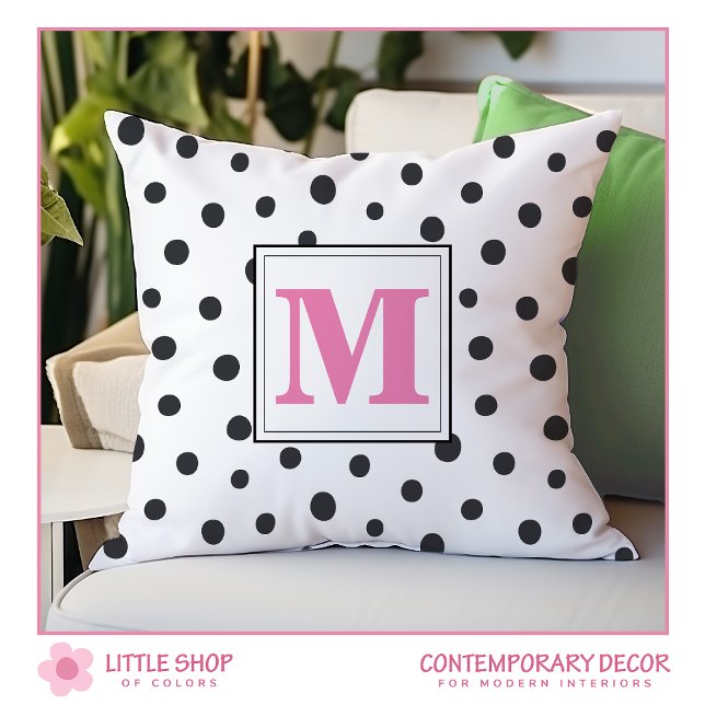 Modern Black Pink Polka Dots Monogram Throw Pillow (Creator Uploaded)