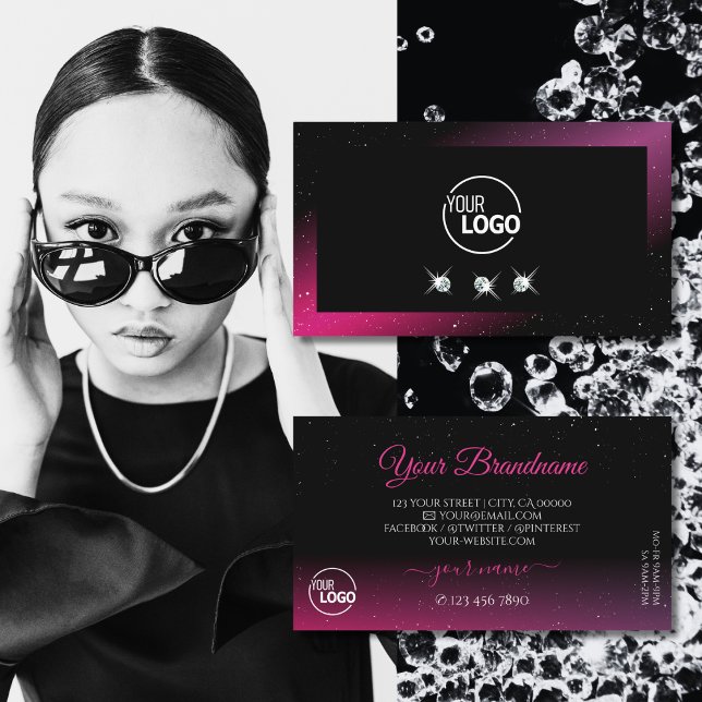 Modern Black Pink Purple Sparkle Diamonds Add Logo Business Card (Creator Uploaded)