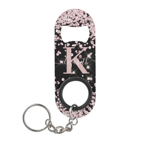 Modern Black Pink Rose Gold Glitter Monogram Keychain Bottle Opener