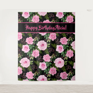 Modern Black Pink Roses Happy Birthday Tapestry