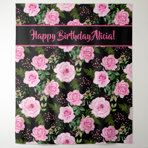 Modern Black Pink Roses Happy Birthday Tapestry