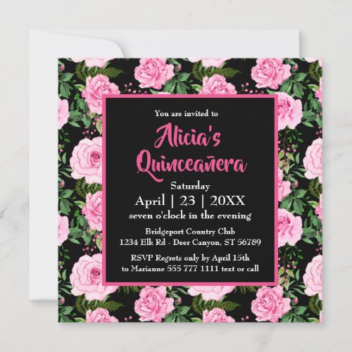 Modern Black Pink Roses Quinceaera Invitation