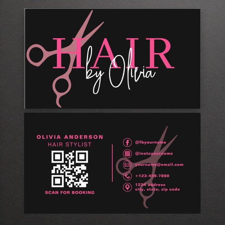 Modern Black Pink Scissors QR Code Hair Stylist Business Card