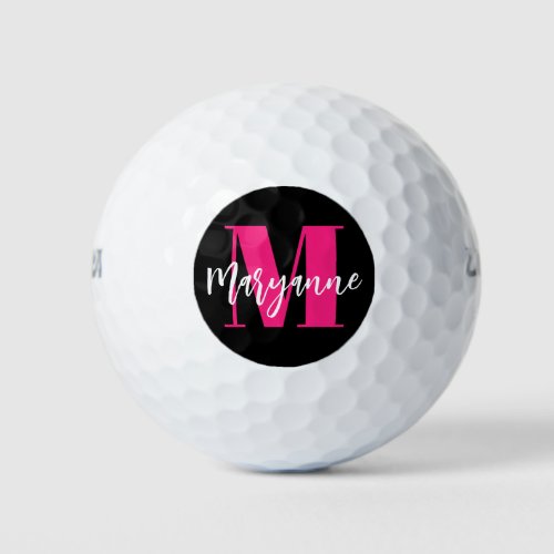 Modern Black Pink Script Monogram Initial Golf Balls