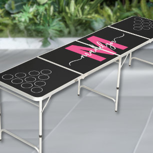 Modern Black Pink Script Name Monogram Beer Pong Table