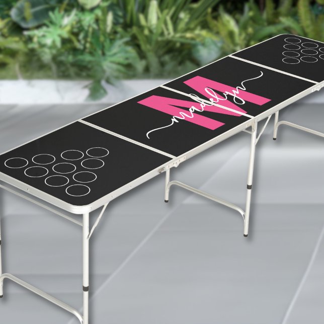 Modern Black Pink Script Name Monogram Beer Pong Table (Modern Black Pink Script Name Monogram Beer Pong Table )