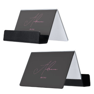 Modern Black Pink Signature Script Minimalist Desk Business Card Holder
