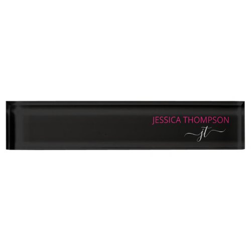 Modern Black Pink Simple Script Monogram Name Desk Desk Name Plate