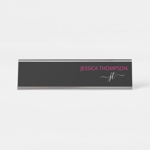 Modern Black Pink Simple Script Monogram Name Desk Desk Name Plate