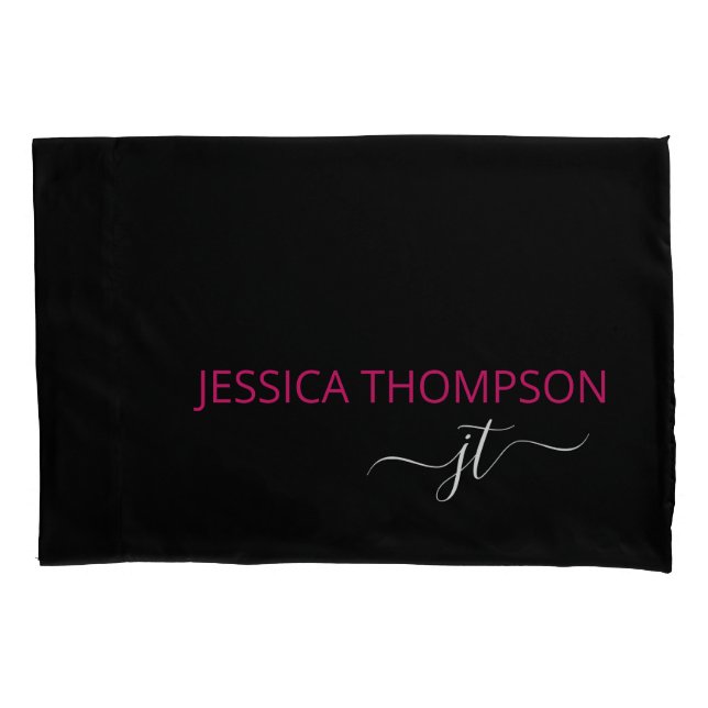 Modern Black Pink Simple Script Monogram Name   Pillow Case (Front)
