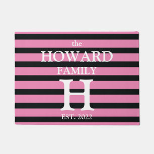 Modern Black Pink Stripes Monogram Name Wedding Doormat