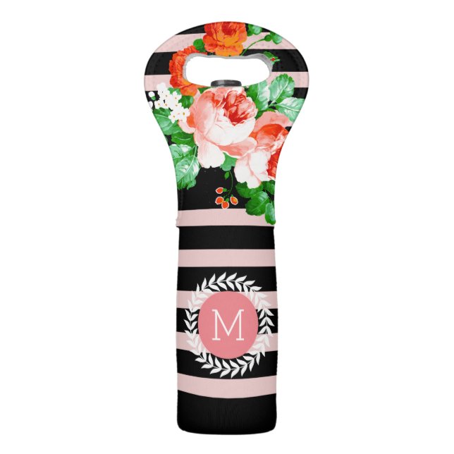 Modern Black & Pink Stripes, Wreath & Roses Wine Bag (Front)