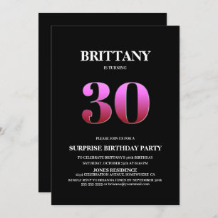 Modern Black Pink Surprise 30th Birthday Invitation