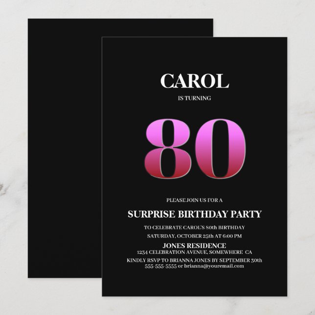 Modern Black Pink Surprise 80th Birthday Invitation (Front/Back)