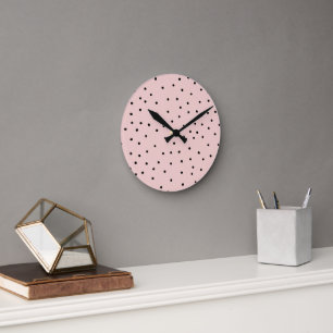 Modern black pink watercolor cute polka dots round clock