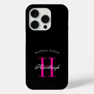 Modern Black Pink White Monogram Name iPhone 15 Pro Case