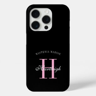 Modern Black Pink White Monogram Name iPhone 15 Pro Case