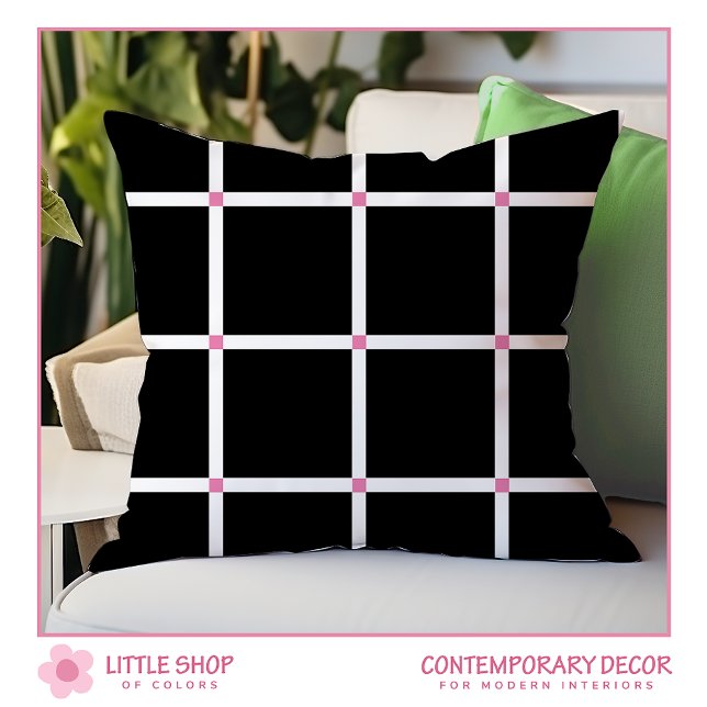 Modern Black Pink Windowpane Plaid Throw Pillow (Creator Uploaded)