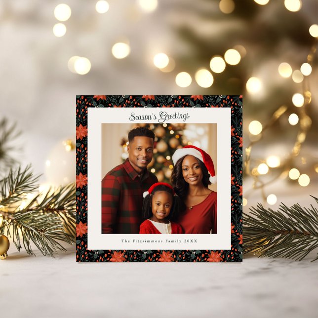 Modern Black Poinsettia Photo Christmas Card (Poinsettia Season Square Christmas Card black)