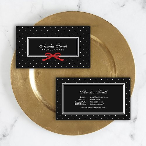 Modern Black Polka Dot Red Ribbon Social Media Business Card