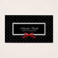 Modern Black Polka Dot Red Ribbon Social Media Business Card