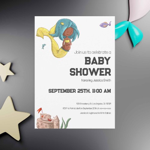 Modern Black Pregnant Mermaid Neutral Baby Shower Invitation